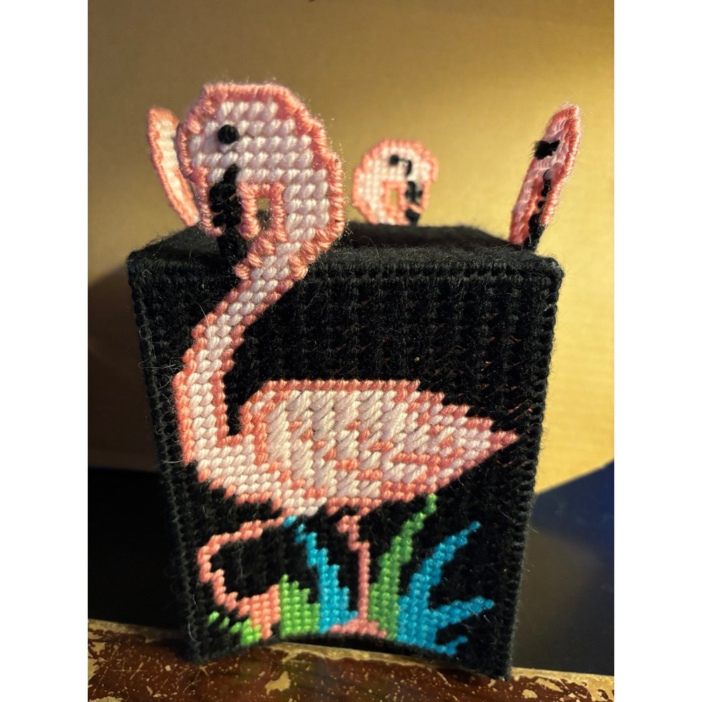 Vintage Handmade Needlepoint Tissue Box Cover Flamingo Pink Blue Plastic Canvas